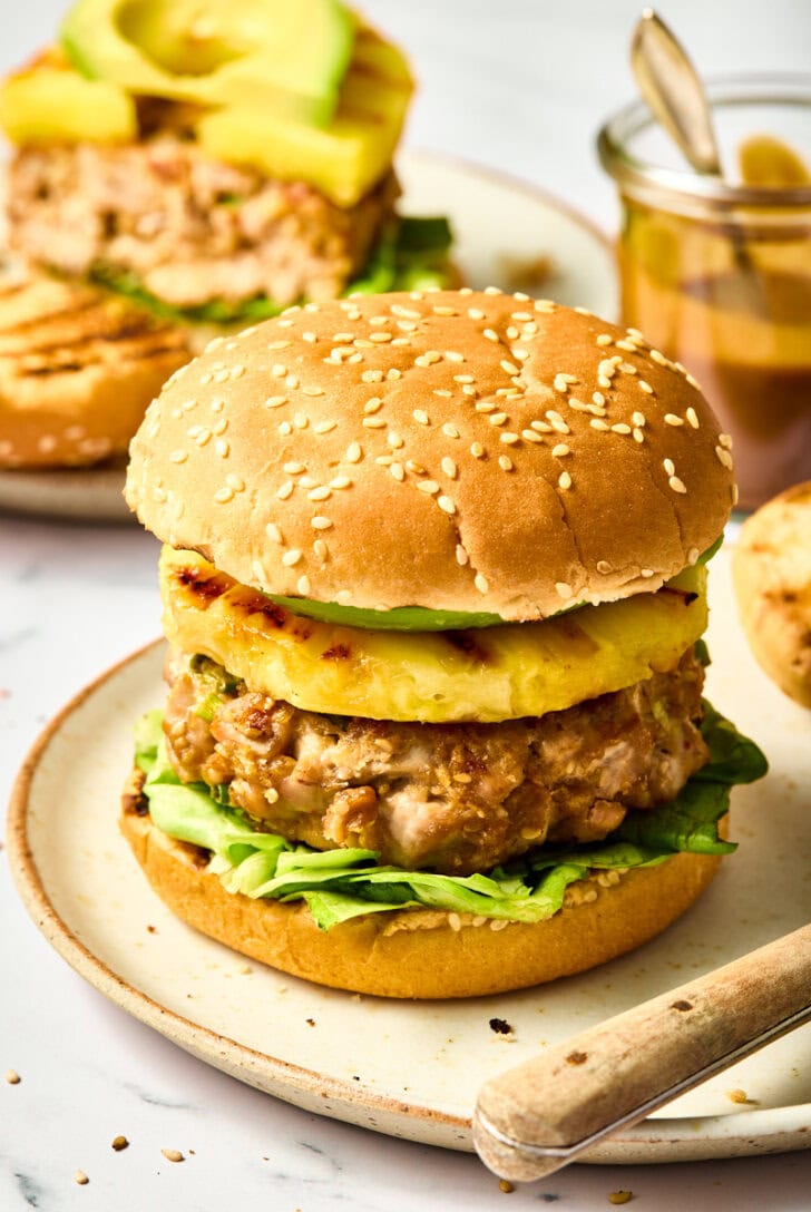 Ahi Tuna Burgers with Grilled Pineapple Recipe on plate