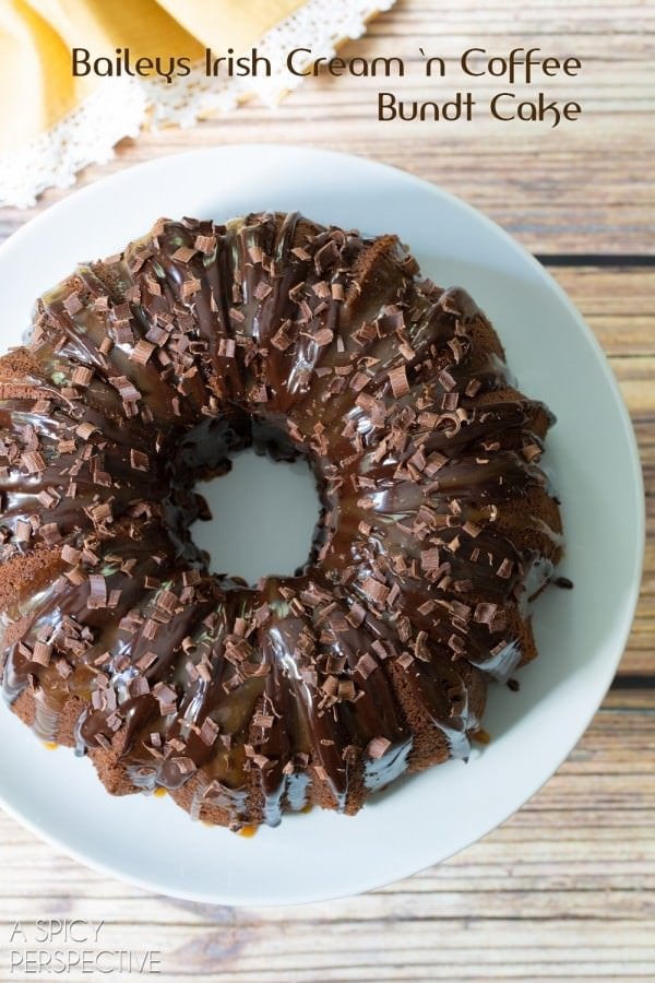 Overhead of a baked and decorated Irish cream bundt cake on a plate. 