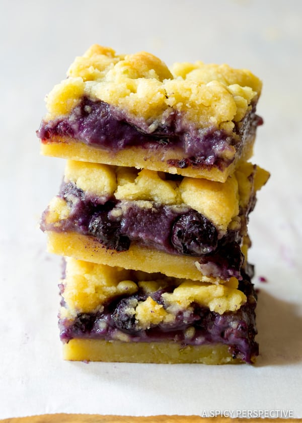 Three Blueberry Bars stacked on top of each other.