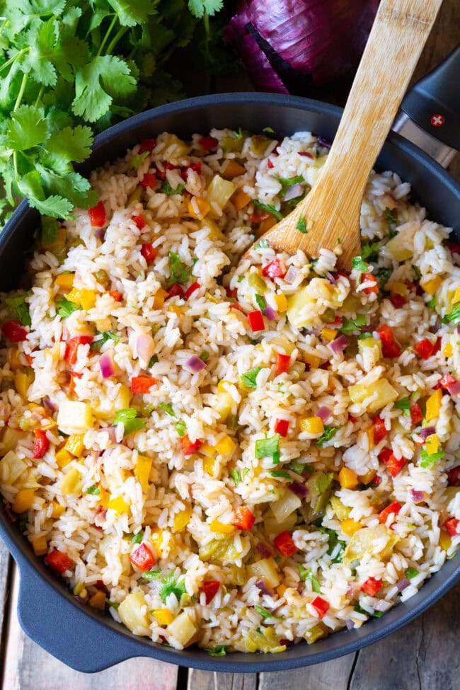 Caribbean Rice in a skillet after being cooked. 