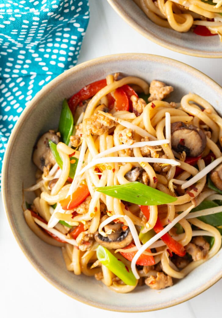 Top down view of a bowl of chicken yaki udon topped with green scallion slices and mung beans.