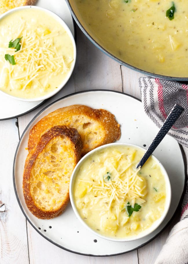 old fashioned potato soup recipe - overhead shot of bowls the creamy potato soup