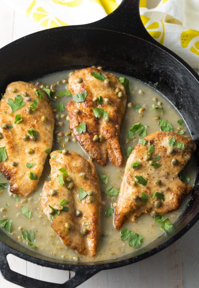 Best chicken piccata recipe overhead shot in cast iron skillet