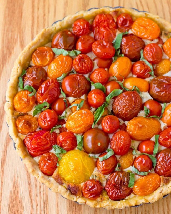 Perfect Fresh Tomato Tart Recipe, overhead of whole pie.
