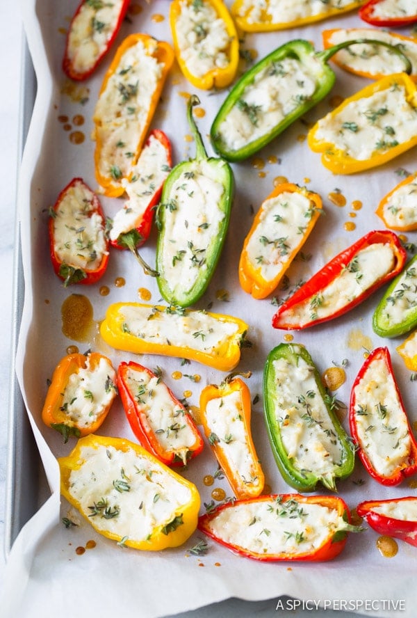 Love these 3-Ingredient Mini Stuffed Peppers Recipe on baking sheet