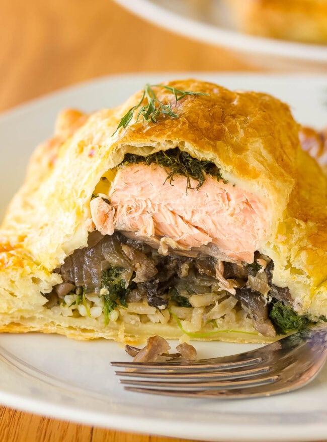 Salmon Coulibiac AKA Salmon Wellington cut open to show layers
