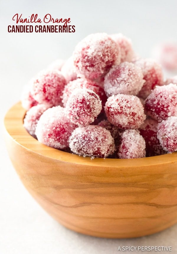 Sparkling Vanilla Orange Candied Cranberries Recipe in a wooden bowl