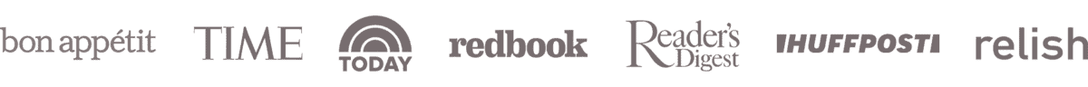 Press logos: Bon Appetit, Time, Today, Redbook, Reader's Digest, Huffpost, Relish.